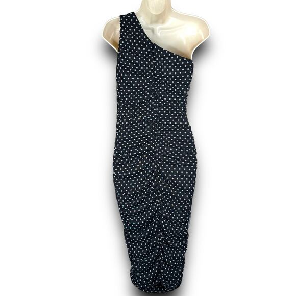 Love X Design One Shoulder Bodycon Midi Dress Black White Polka Dot Size Medium - Picture 5 of 8